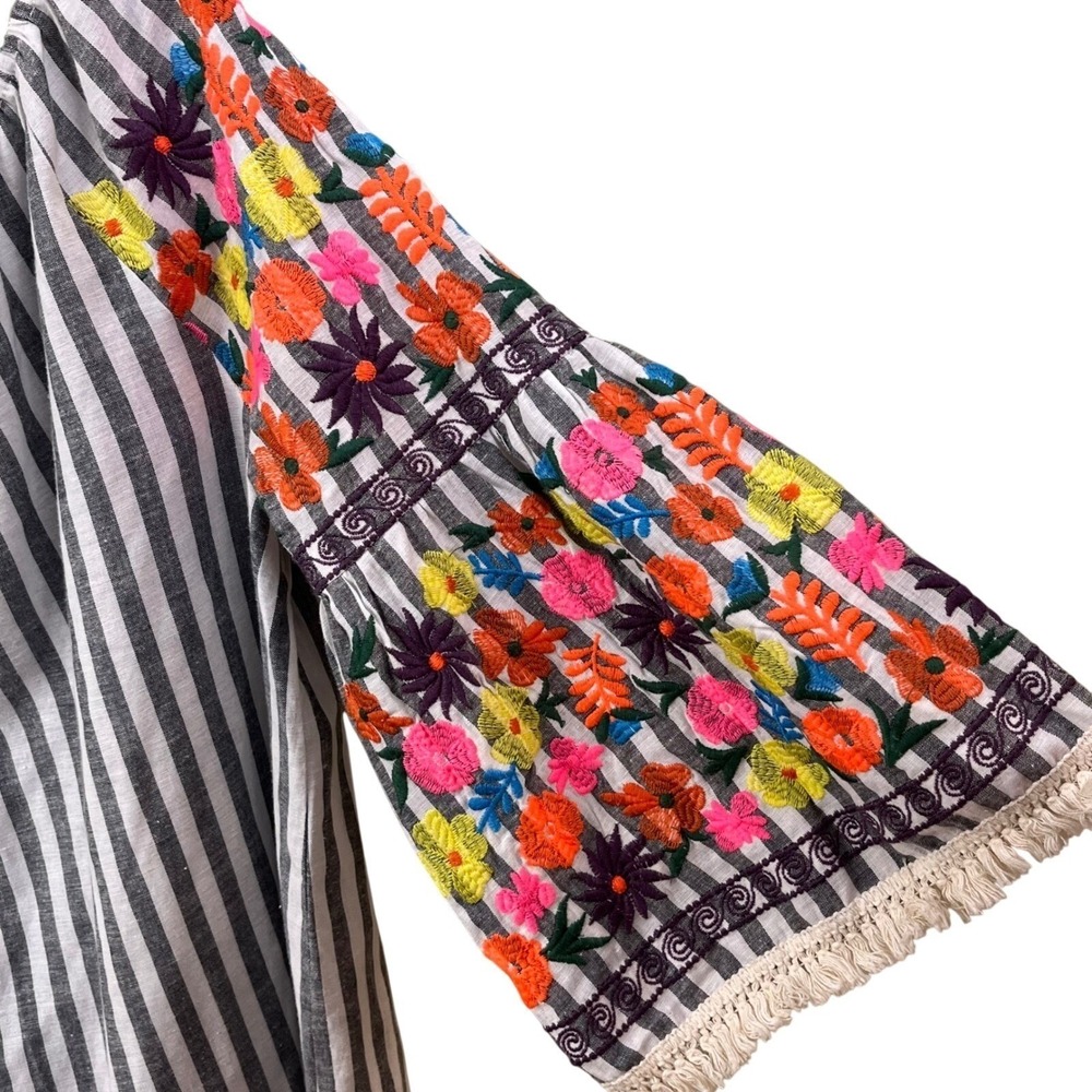 Philosophy Gray White Striped Embroidered Floral Sleeve Dress Linen Boho‎ Large - Picture 6 of 9